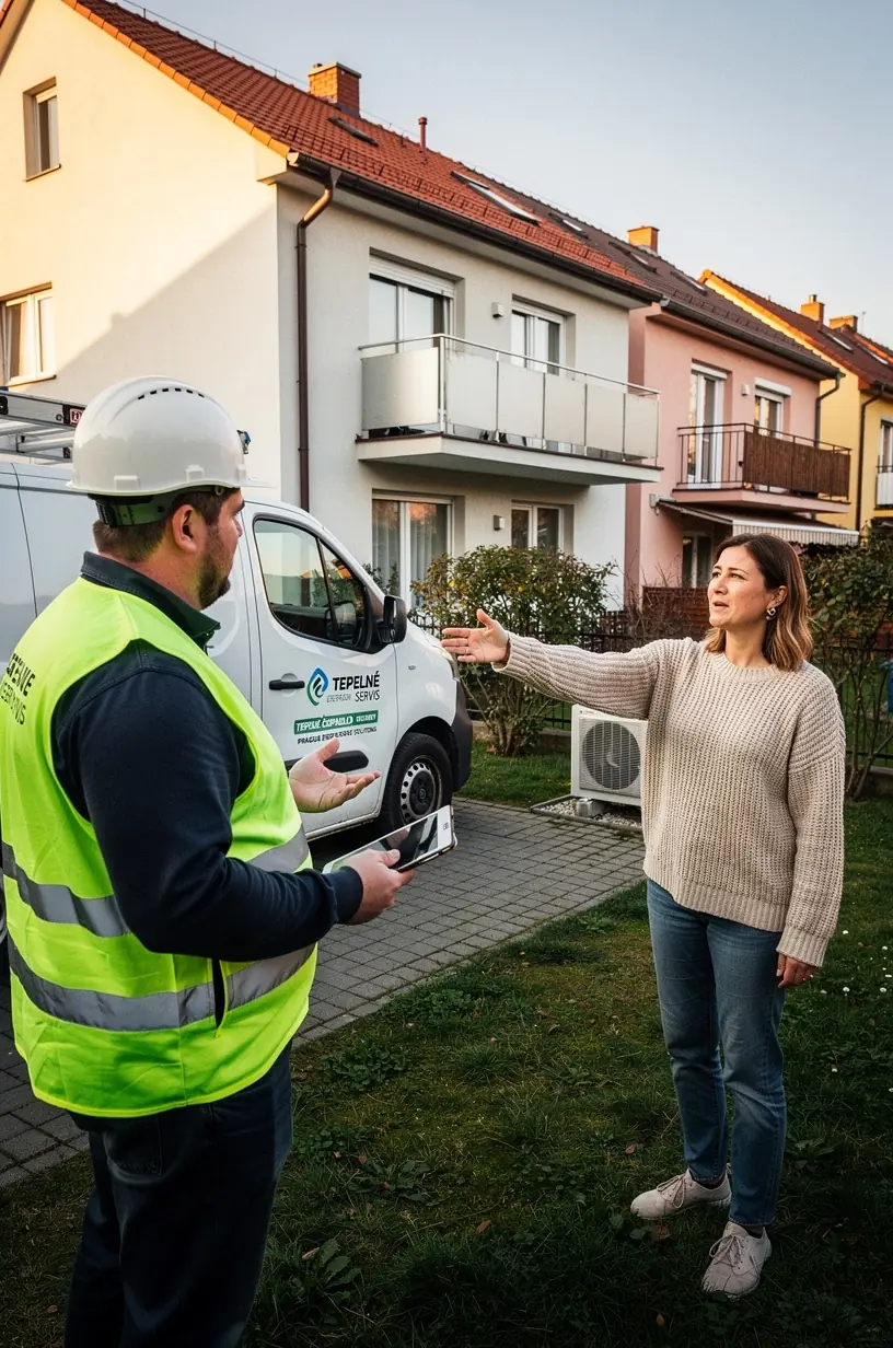 Zákazník a odborník diskutují o realistických očekáváních spojených s instalací tepelného čerpadla a izolace.
